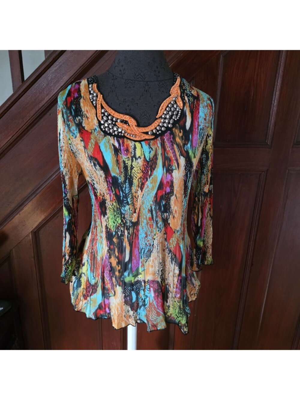 Alberto Makali Womens Vibrant Multicolor Tunic Top Embellished Neck Size L